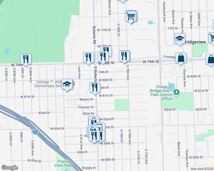 map of restaurants, bars, coffee shops, grocery stores, and more near 7924 80th Place in Bridgeview