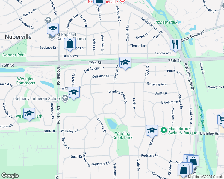map of restaurants, bars, coffee shops, grocery stores, and more near 281 Winding Creek Drive in Naperville