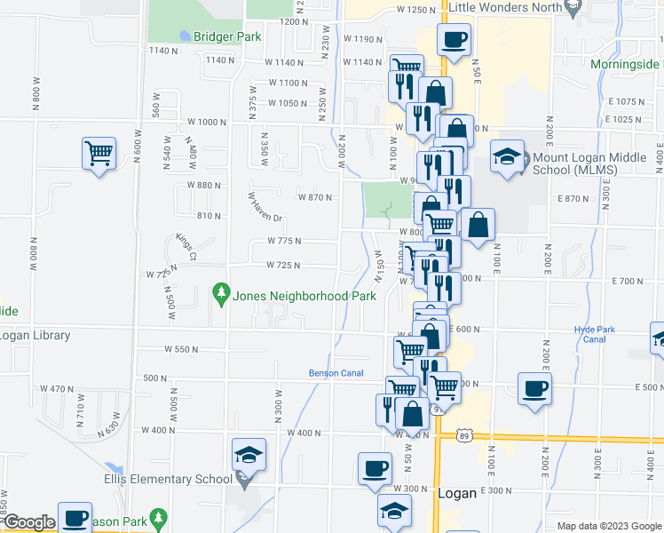 map of restaurants, bars, coffee shops, grocery stores, and more near 210 W 725 N in Logan