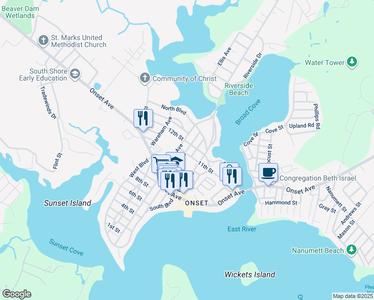 map of restaurants, bars, coffee shops, grocery stores, and more near 13 Highland Avenue in Wareham