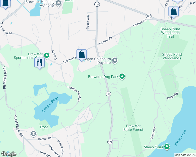 map of restaurants, bars, coffee shops, grocery stores, and more near 53 Fox Crossing Road in Brewster