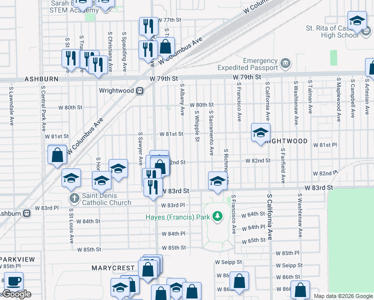 map of restaurants, bars, coffee shops, grocery stores, and more near 8140 South Whipple Street in Chicago