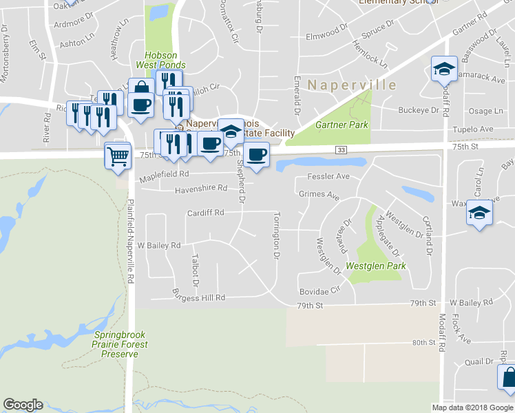 map of restaurants, bars, coffee shops, grocery stores, and more near 791 Torrington Drive in Naperville