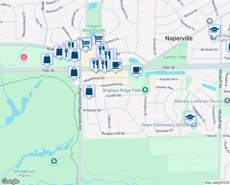 map of restaurants, bars, coffee shops, grocery stores, and more near 825 Cardiff Road in Naperville