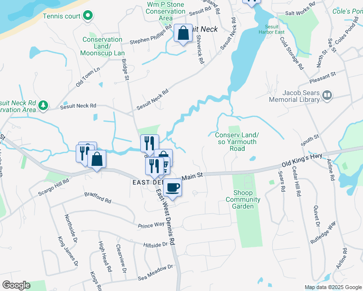 map of restaurants, bars, coffee shops, grocery stores, and more near 1646 Massachusetts 6A in Dennis
