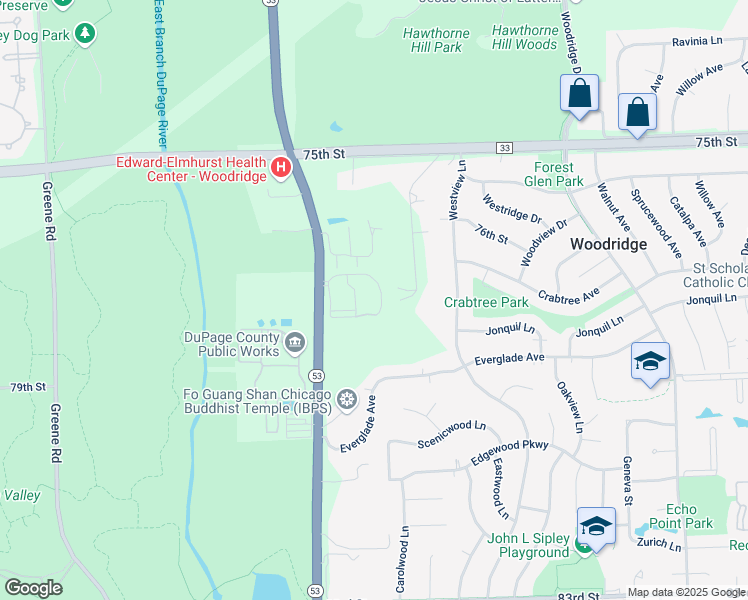 map of restaurants, bars, coffee shops, grocery stores, and more near 7740 Deer Street in Woodridge