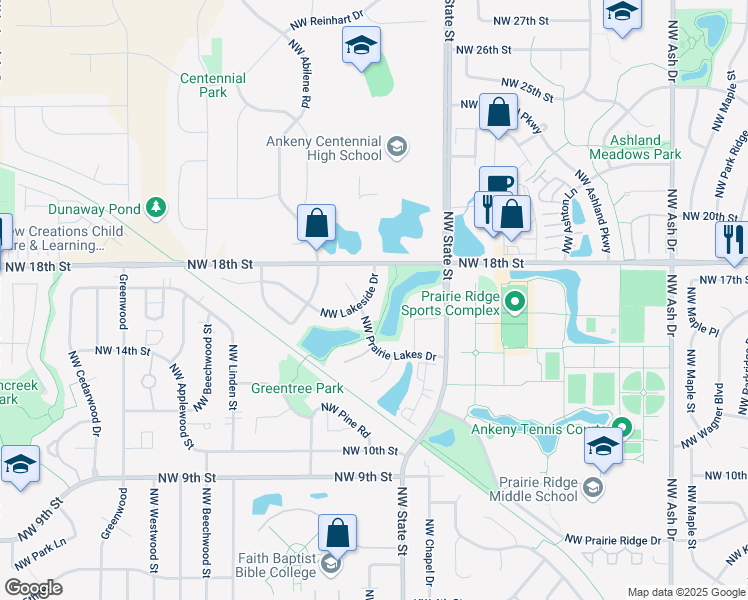 map of restaurants, bars, coffee shops, grocery stores, and more near 1823 Northwest Lakeside Drive in Ankeny