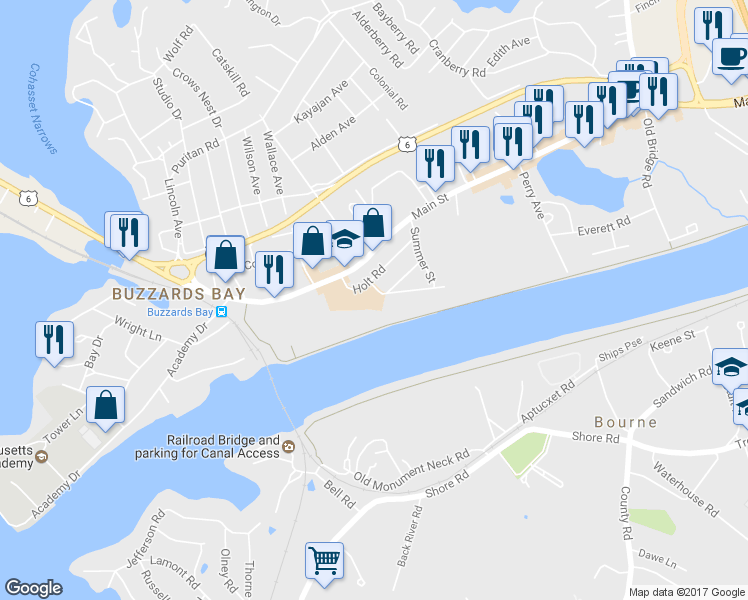 map of restaurants, bars, coffee shops, grocery stores, and more near 6 Canal View Road in Bourne