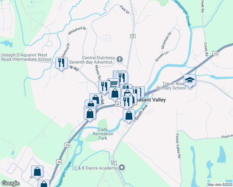 map of restaurants, bars, coffee shops, grocery stores, and more near 13 Old Pleasant Valley-Freedom Road in Pleasant Valley