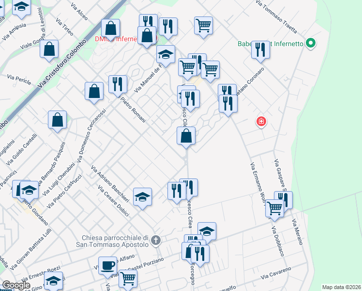 map of restaurants, bars, coffee shops, grocery stores, and more near 131-209 Via Francesco Cilea in Città Metropolitana di Roma