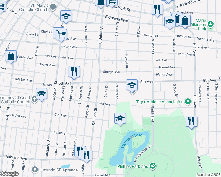map of restaurants, bars, coffee shops, grocery stores, and more near 736 Schomer Avenue in Aurora