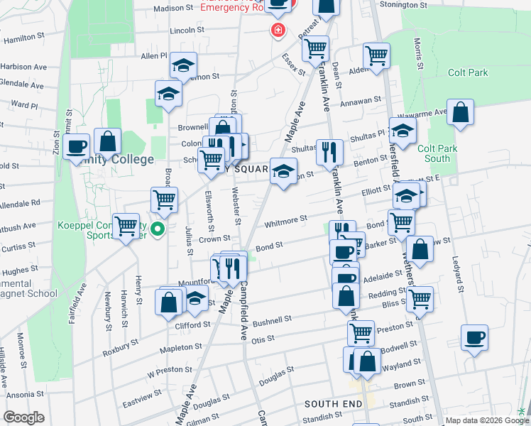 map of restaurants, bars, coffee shops, grocery stores, and more near 88 Whitmore Street in Hartford