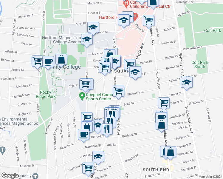 map of restaurants, bars, coffee shops, grocery stores, and more near 30 Ellsworth Street in Hartford