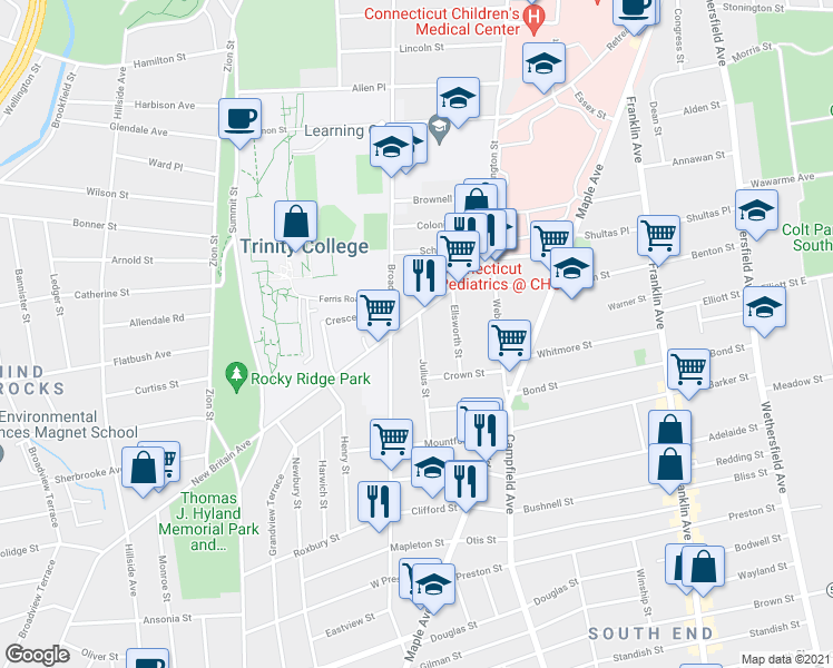 map of restaurants, bars, coffee shops, grocery stores, and more near 20 Julius Street in Hartford