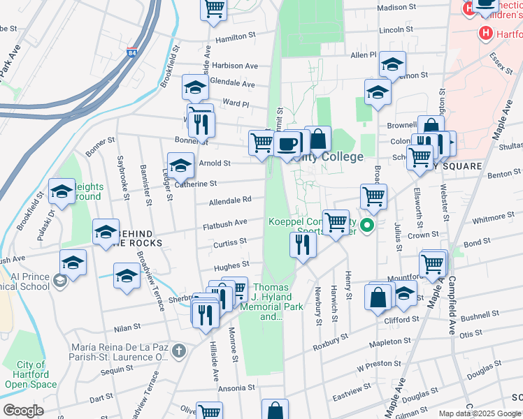 map of restaurants, bars, coffee shops, grocery stores, and more near 145 Zion Street in Hartford