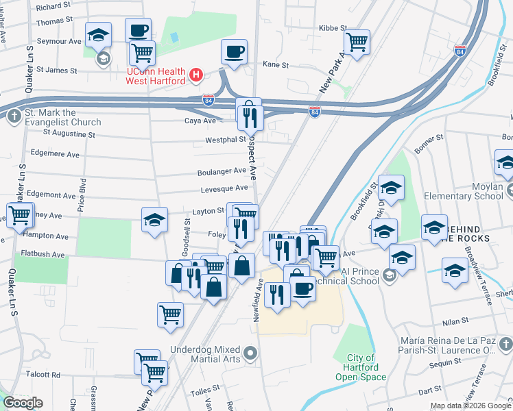 map of restaurants, bars, coffee shops, grocery stores, and more near 403 New Park Avenue in Hartford