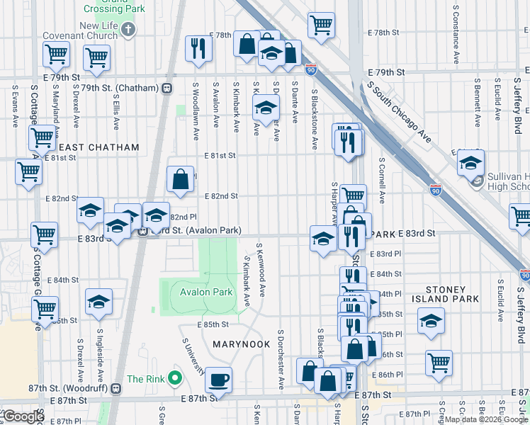 map of restaurants, bars, coffee shops, grocery stores, and more near 8234 South Dorchester Avenue in Chicago