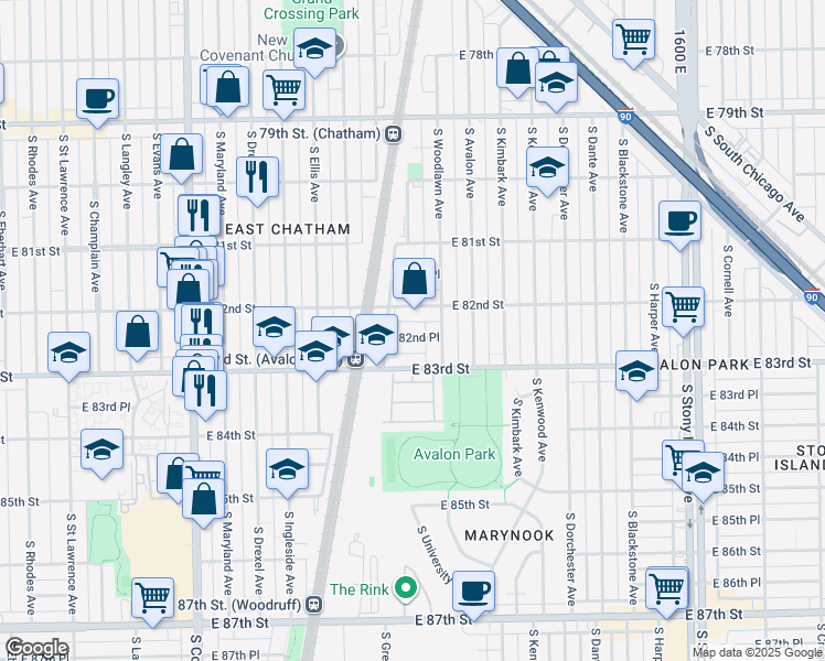 map of restaurants, bars, coffee shops, grocery stores, and more near 1113 East 82nd Place in Chicago