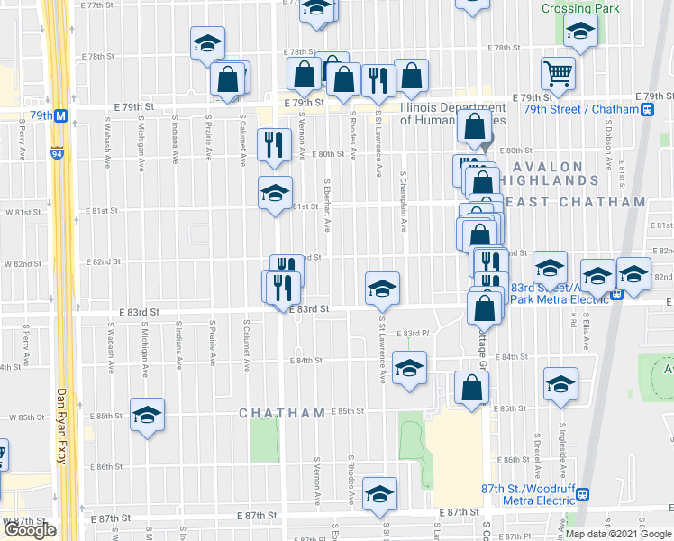 map of restaurants, bars, coffee shops, grocery stores, and more near 8223 South Eberhart Avenue in Chicago