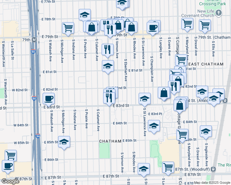 map of restaurants, bars, coffee shops, grocery stores, and more near 8223 South Vernon Avenue in Chicago