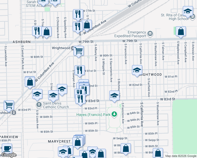 map of restaurants, bars, coffee shops, grocery stores, and more near 8140 South Whipple Street in Chicago