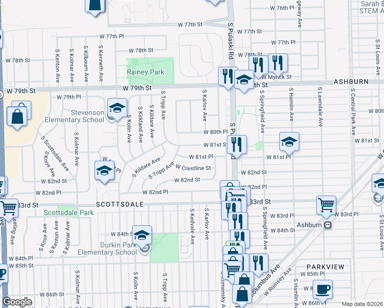 map of restaurants, bars, coffee shops, grocery stores, and more near 4171 West 81st Place in Chicago