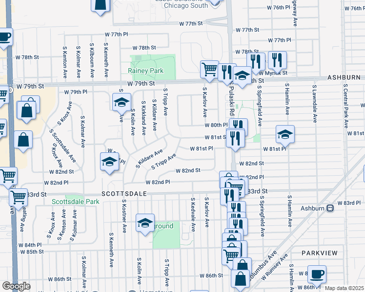 map of restaurants, bars, coffee shops, grocery stores, and more near 4171 West 81st Place in Chicago