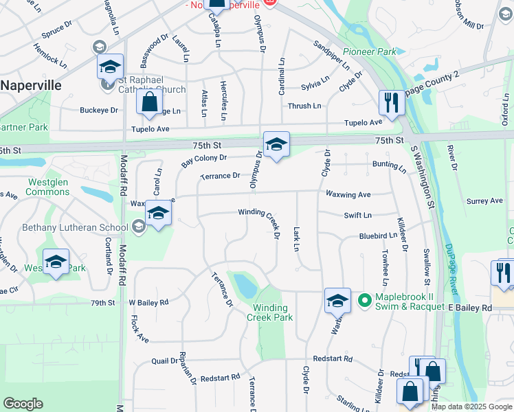 map of restaurants, bars, coffee shops, grocery stores, and more near 281 Winding Creek Drive in Naperville