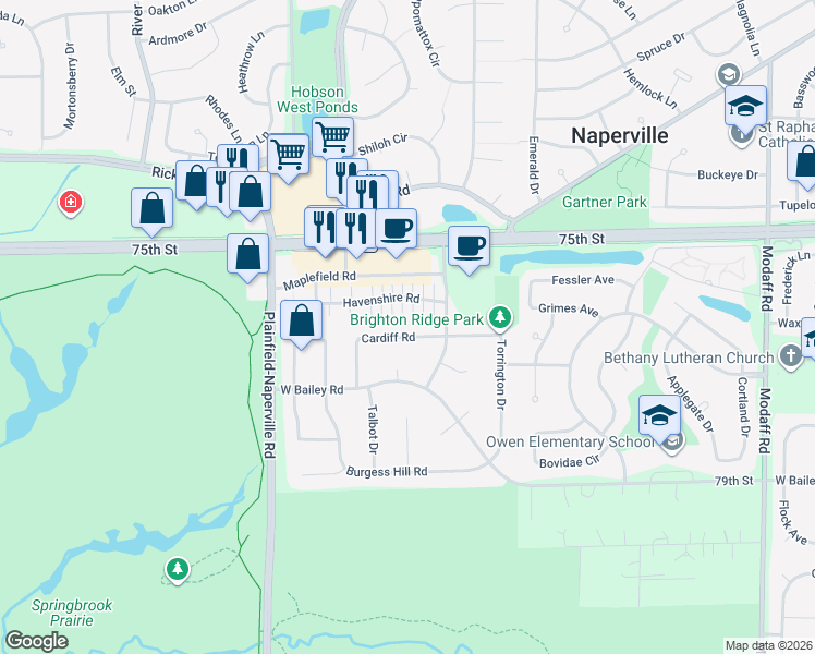 map of restaurants, bars, coffee shops, grocery stores, and more near 825 Cardiff Road in Naperville