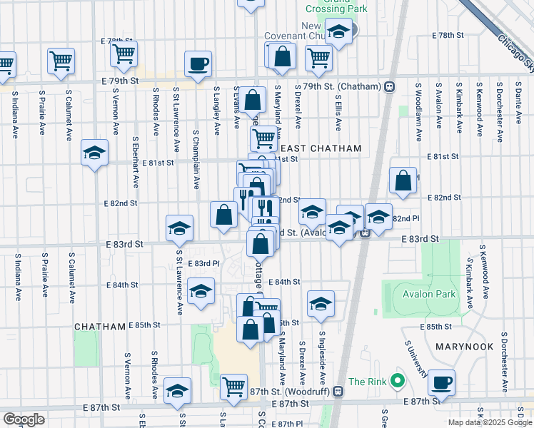 map of restaurants, bars, coffee shops, grocery stores, and more near 8225 South Cottage Grove Avenue in Chicago