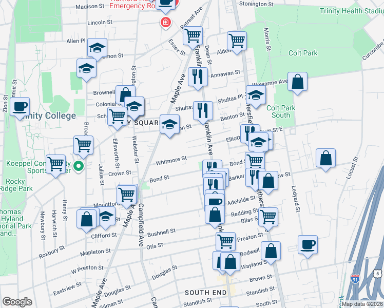 map of restaurants, bars, coffee shops, grocery stores, and more near 25 Whitmore Street in Hartford