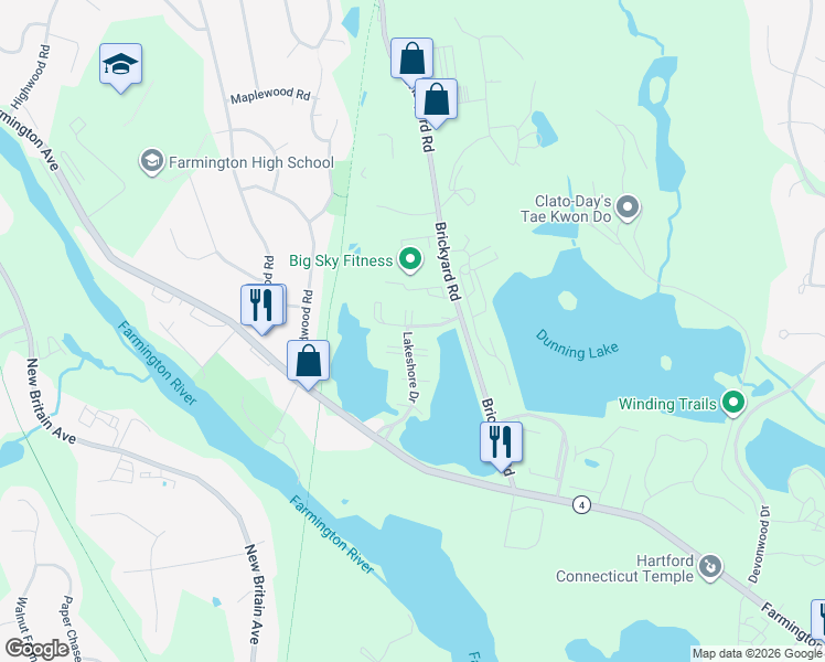map of restaurants, bars, coffee shops, grocery stores, and more near 24 Lakeshore Drive in Farmington