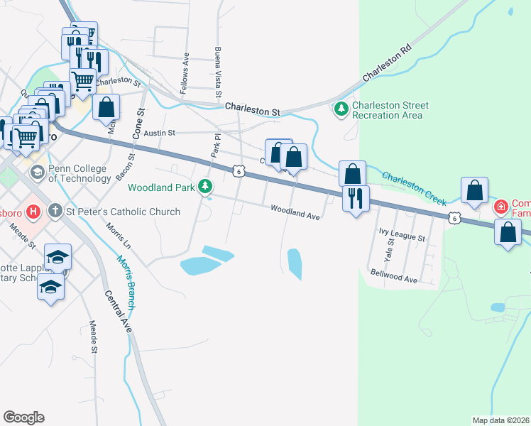 map of restaurants, bars, coffee shops, grocery stores, and more near 38 Woodland Avenue in Wellsboro