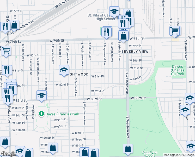map of restaurants, bars, coffee shops, grocery stores, and more near 8146 South Maplewood Avenue in Chicago
