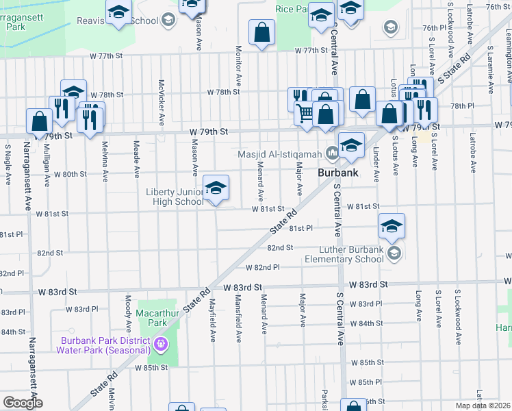 map of restaurants, bars, coffee shops, grocery stores, and more near 5830 81st Street in Burbank