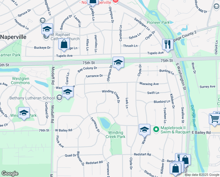 map of restaurants, bars, coffee shops, grocery stores, and more near 281 Winding Creek Drive in Naperville