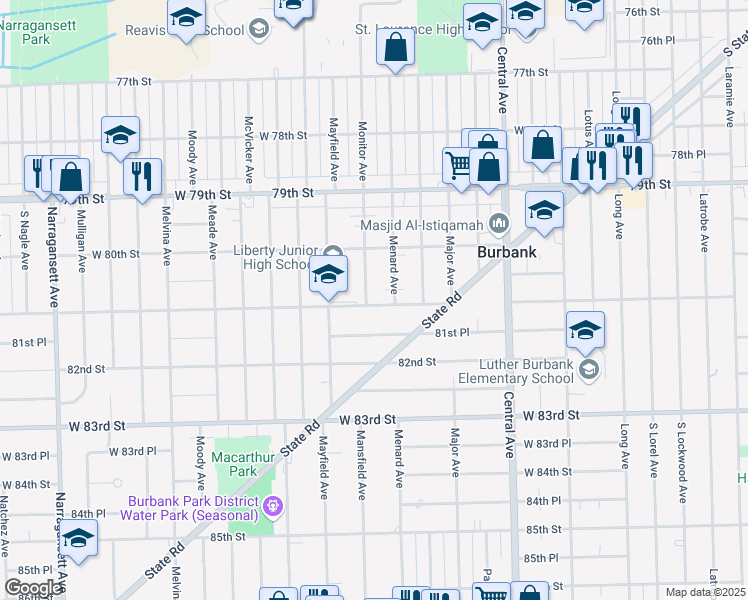 map of restaurants, bars, coffee shops, grocery stores, and more near 5830 West 81st Street in Burbank