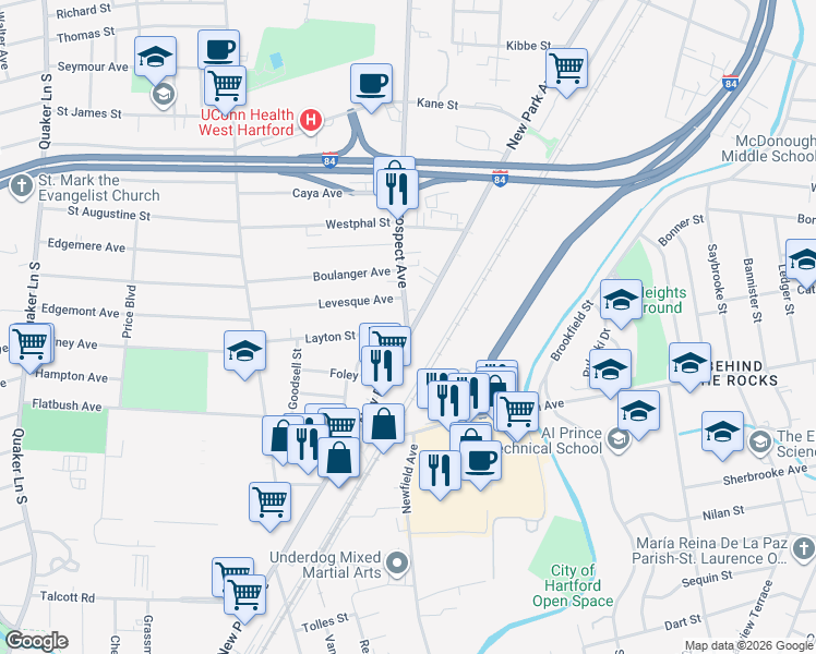map of restaurants, bars, coffee shops, grocery stores, and more near 10 Prospect Avenue in Hartford