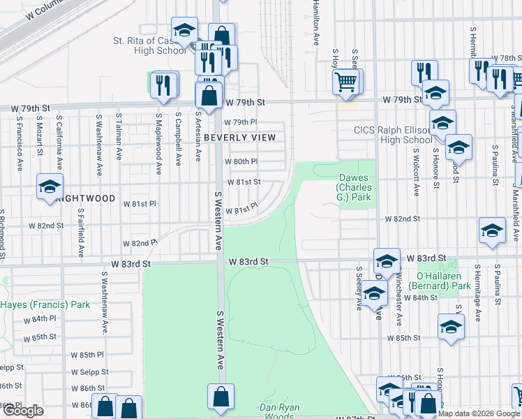map of restaurants, bars, coffee shops, grocery stores, and more near 2220 West 82nd Street in Chicago