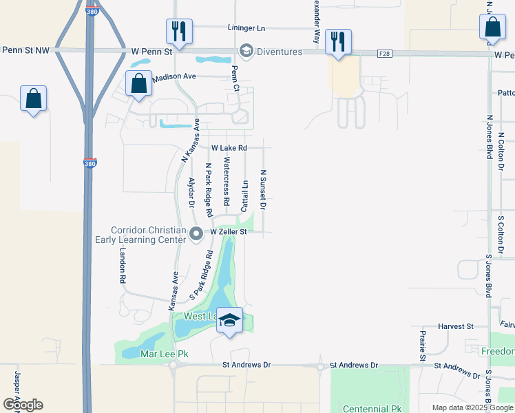 map of restaurants, bars, coffee shops, grocery stores, and more near 75 North Sunset Drive in North Liberty
