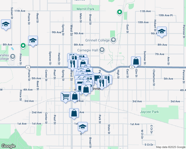 map of restaurants, bars, coffee shops, grocery stores, and more near 1012 Broad Street in Grinnell