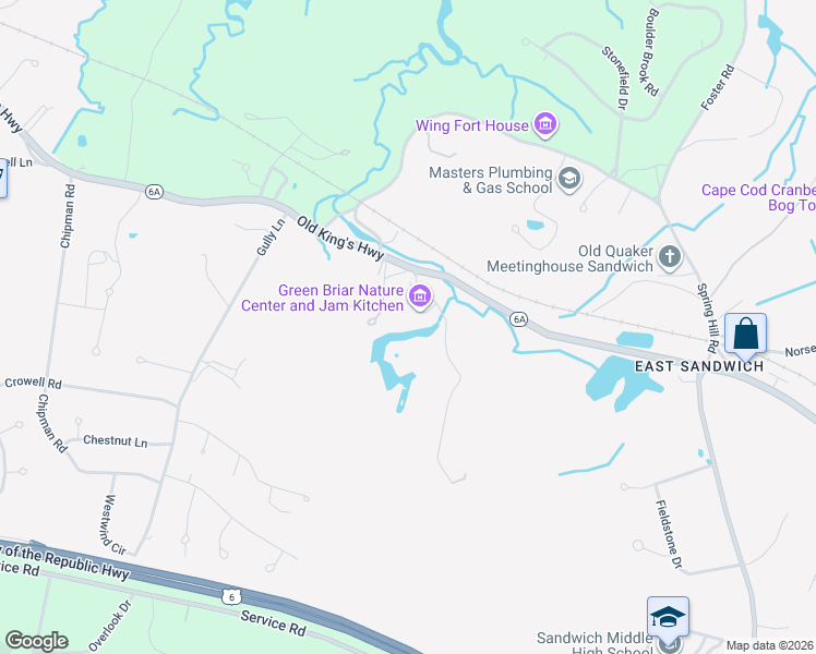 map of restaurants, bars, coffee shops, grocery stores, and more near 6 Discovery Hill Road in Sandwich