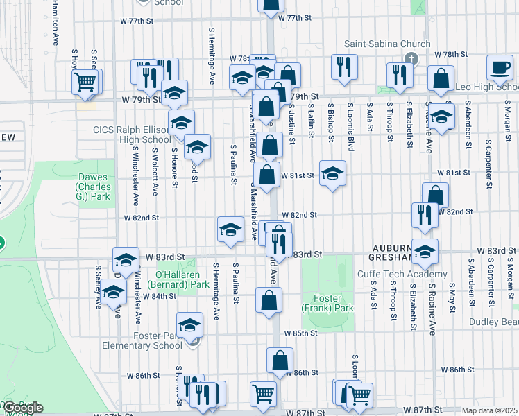 map of restaurants, bars, coffee shops, grocery stores, and more near 8149 South Marshfield Avenue in Chicago