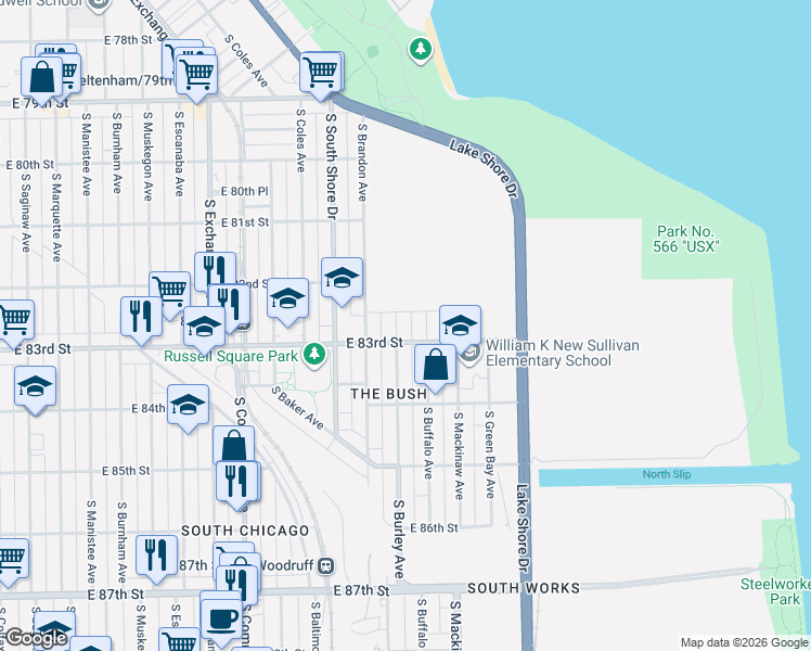 map of restaurants, bars, coffee shops, grocery stores, and more near 8245 South Burley Avenue in Chicago
