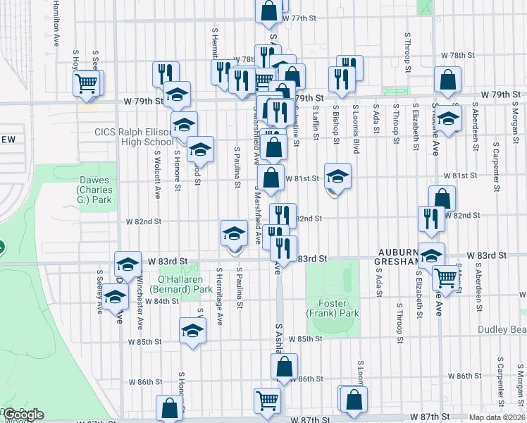 map of restaurants, bars, coffee shops, grocery stores, and more near 1624 West 82nd Street in Chicago
