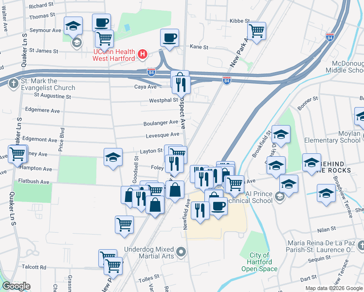 map of restaurants, bars, coffee shops, grocery stores, and more near 7 Prospect Avenue in Hartford