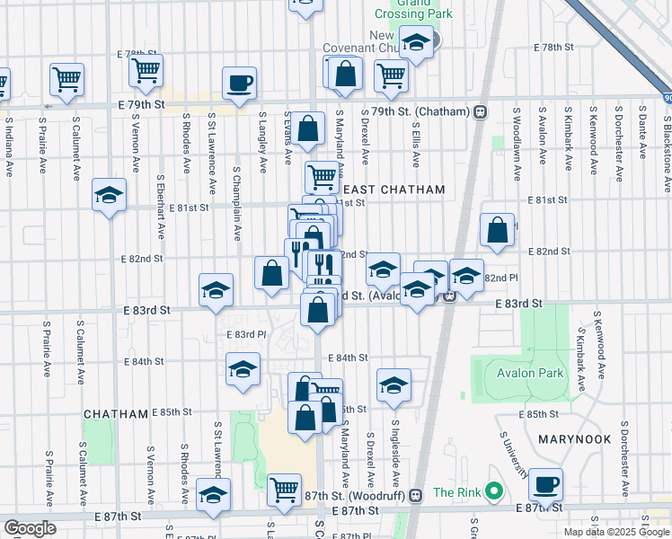 map of restaurants, bars, coffee shops, grocery stores, and more near 8225 South Cottage Grove Avenue in Chicago