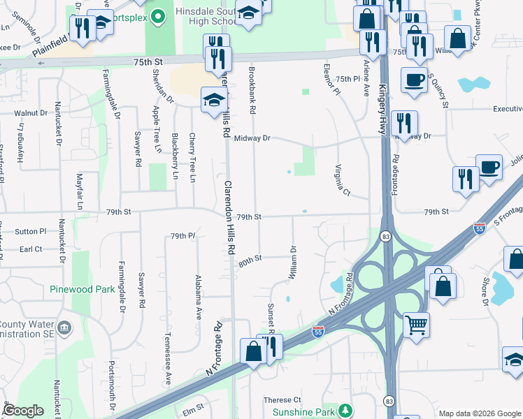 map of restaurants, bars, coffee shops, grocery stores, and more near 238 79th Street in Willowbrook