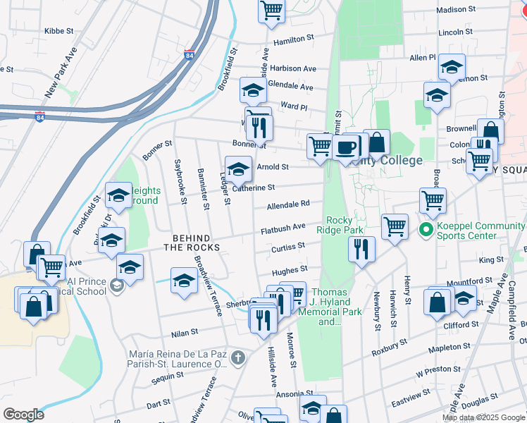 map of restaurants, bars, coffee shops, grocery stores, and more near 95 Allendale Road in Hartford