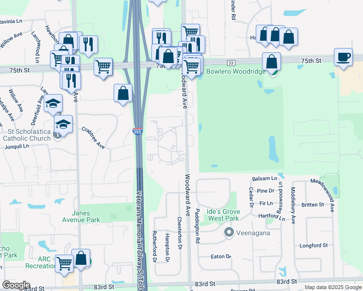 map of restaurants, bars, coffee shops, grocery stores, and more near 2299 Country Club Drive in Woodridge